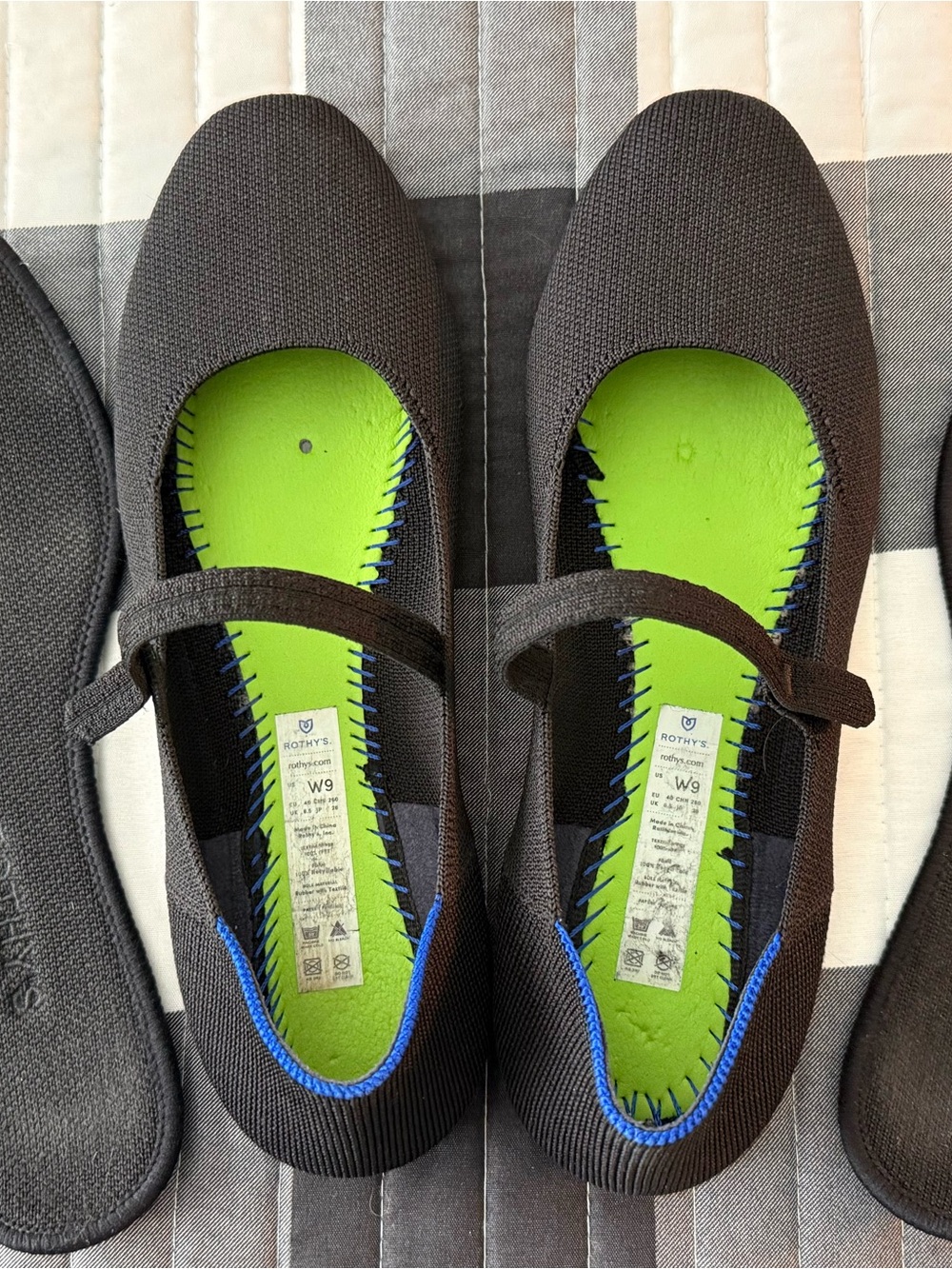 Rothy's Black Mary Jane Flats with Lime Green Insoles